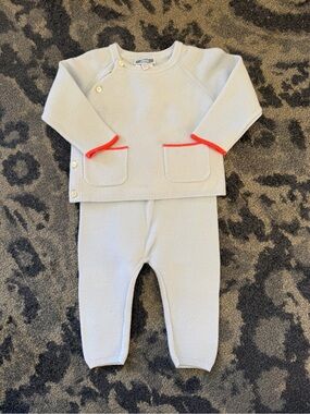 Jacadi Light Blue Knit Baby Set with Orange Trim